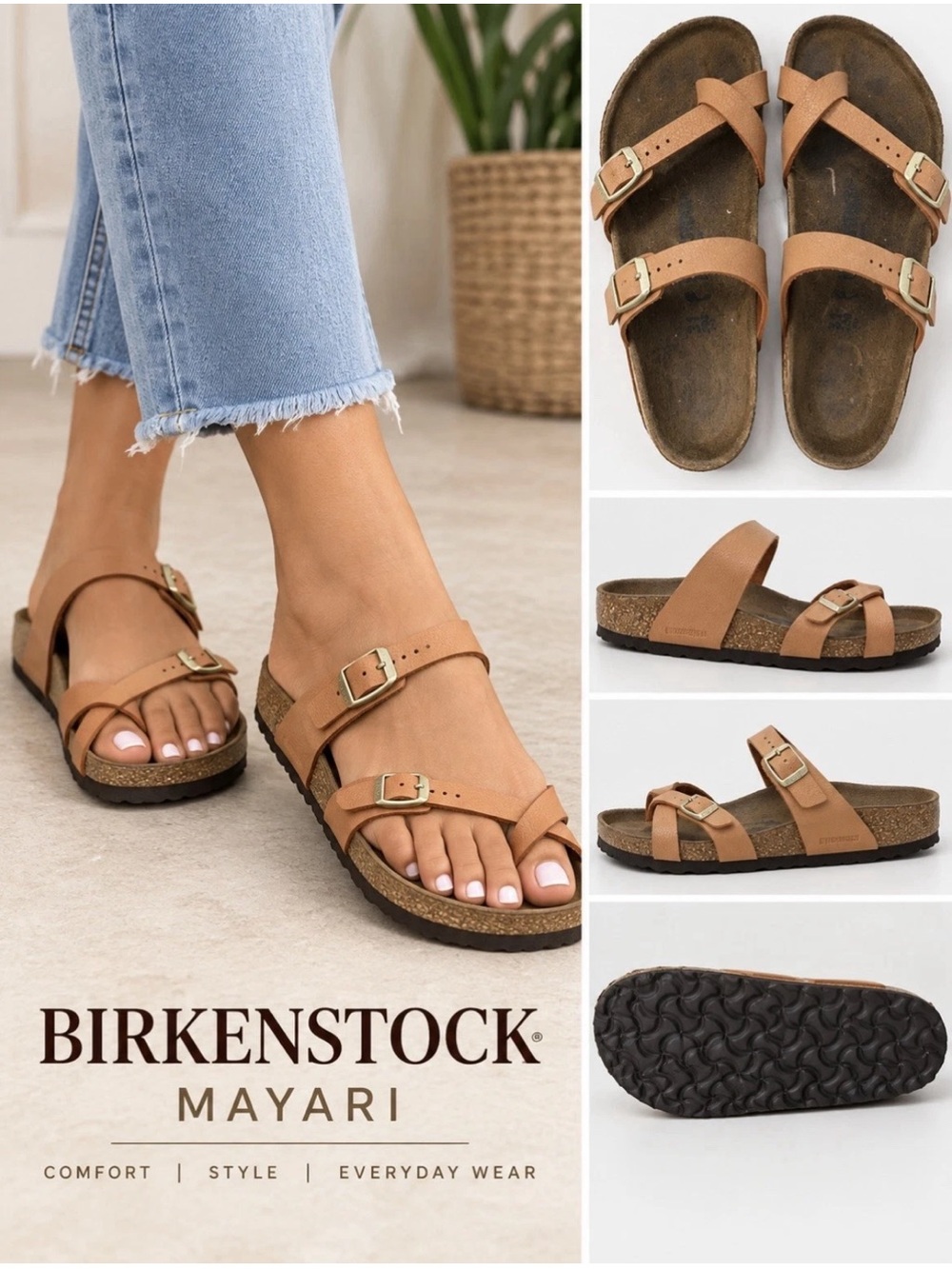 Birkenstock Mayari Sandals Women’s 39 US 8-8.5 Cognac Brown Toe Loop Cork Boho